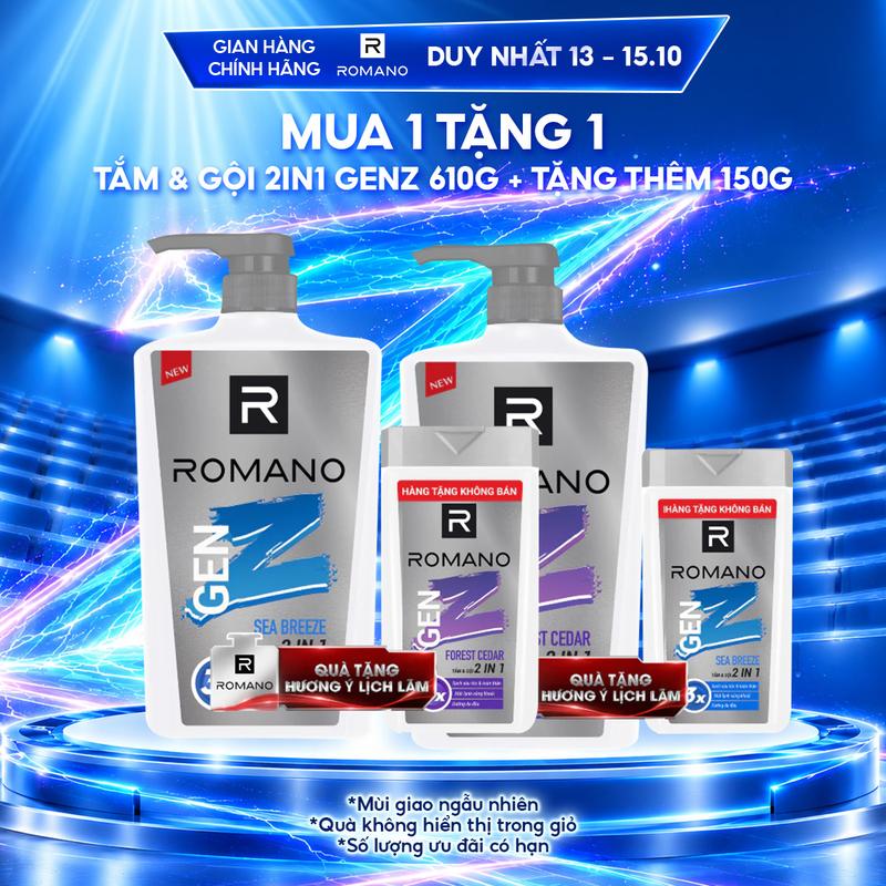[1] [MUA 1 TẶNG 1] TẮM & GỘI ROMANO GEN Z SEA BREEZE/FOREST CEDAR 610G + Tặng 1 chai Romano 150g