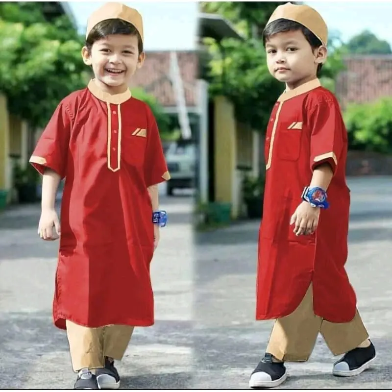 Setelan Baju Koko Turki/Pakistan Anak Laki-Laki Lengan Pendek 1-12 Tahun Plus peci Muslim-Nyaman panjang katun Kurta