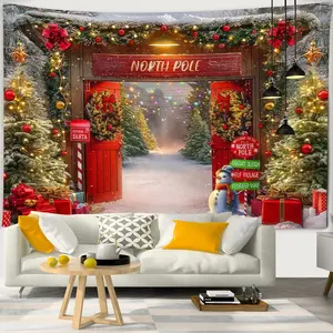 Latar belakang Natal bersalju, dekorasi dinding dengan suasana meriah, kain gantung, penutup dinding bergambar, dan permadani bermotif.