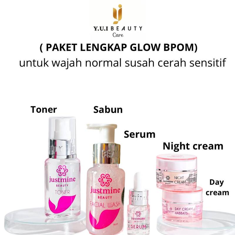 Justmine Beauty Skincare Wajah Glowing All Paket Perawatan wajah Berjerawat Mengencangkan Facial Mencerahkan Kusam Hitam Kosmetik 4