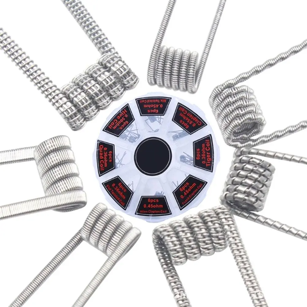ขดลวด RTA RDA ที่สร้างไว้ล่วงหน้า 48 ชิ้น/ชุด แบน บิด หลอมรวม ความต้านทาน Quad Clapton Alien Hive ลวด M8H1