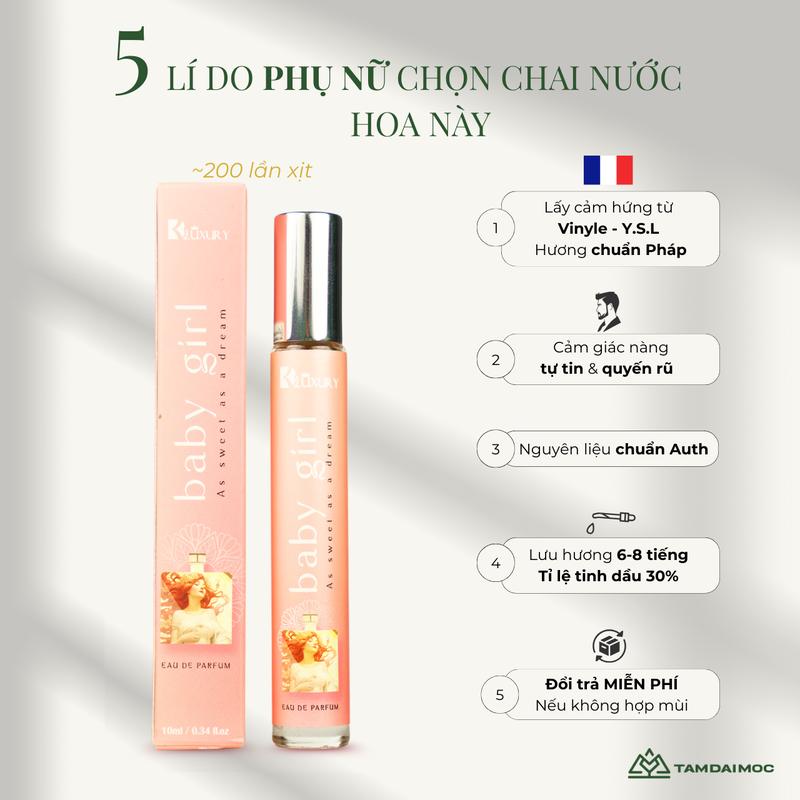   VTT-ĐXM  Nước Hoa Nữ BABY GIRL Tam Đại Mộc edp  10ml - Hương Thơm Ngọt Ngào Tươi Trẻ Lưu Hương 8 Tiếng 