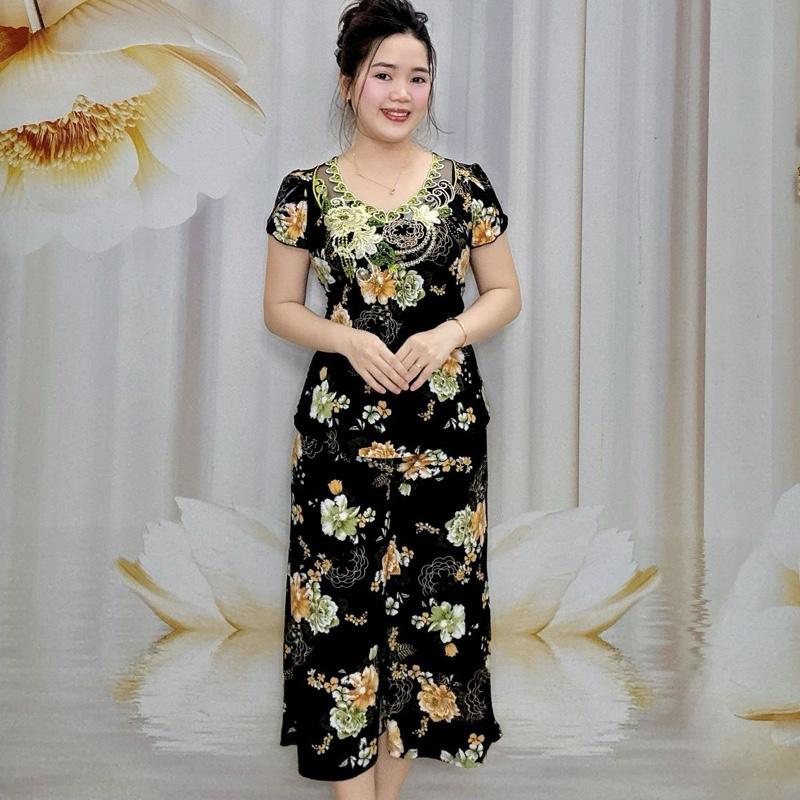 B47 Đồ bộ trung niên quần lửng ống rộng cổ thêu thương hiệu Hải Sơn women