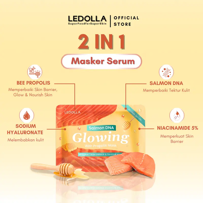 LEDOLLA - 5PCS Masker Salmon DNA Glowing With Propolis Extract | Skin Barier Kulit Bertekstur| Masker Organik Bubuk Mengatasi Chicken Skin |Masker Untuk Pori-Pori dan Mencerahkan| Masker Wajah Glowing |Hyaluronic Acid Skincare Gradakan BPOM | Free Spatula 4