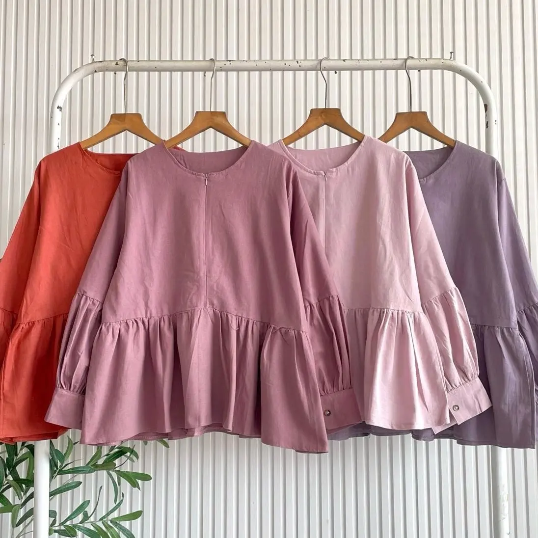 Cotton Linen Peplum, Lantern Sleeve Blouse Womenswear Top Comfort Basic