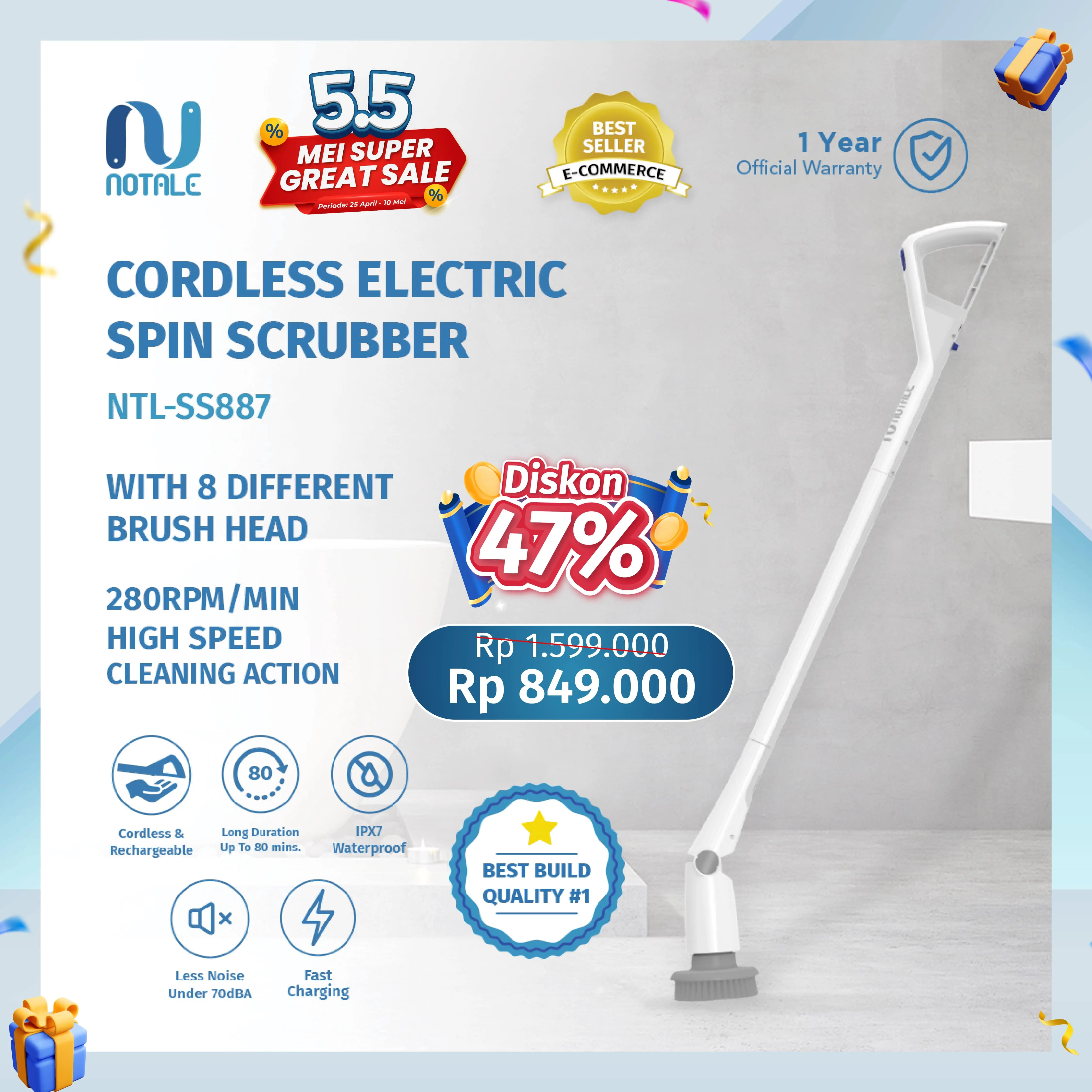 Notale Cordless Elektrik Spin Scrubber Sikat Toilet Sikat Pembersih WC Brush Putih Sikat WC