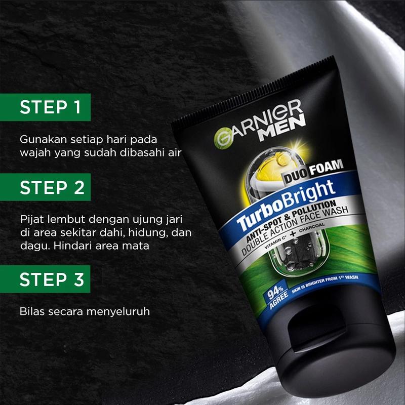 Garnier Men Turbo Bright Super Duo Foam 100ml / 50ml Skin Care Sabun Cuci Muka Pria Mengangkat Kotoran dan Mencerahkan 3