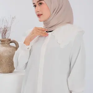 Weargalu - Qiana Top Atasan Kemeja Wanita Blouse Linen Premium Kerah Bordir Motif Bunga Mutiara Panjang Baju Muslim Dewasa