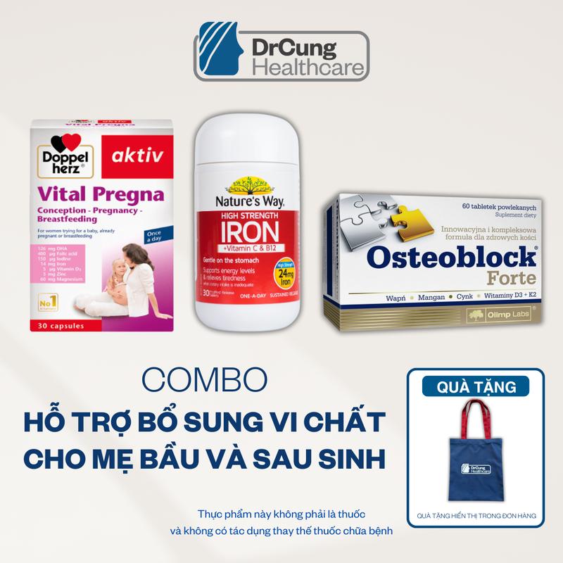  TPBVSK Combo Bổ Bầu 3 sản phẩm Vital Pregna Doppelherz Hộp 30 viên Sắt Nature's Way Hộp 30 viên và Canxi Osteoblock Hộp 60 viên Hỗ trợ bổ sung vitamin sắt và canxi hữu cơ cho mẹ bầu MUA COMBO TẶNG 1 TÚI CANVAS DRCUNG 