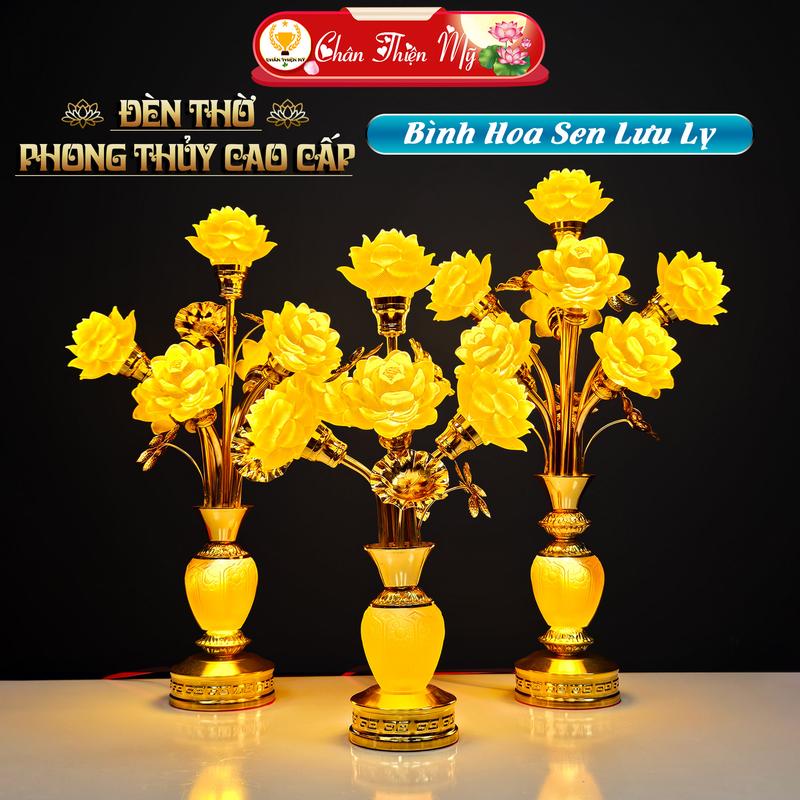  Đèn Bình Hoa Sen Lưu Ly Cao Cấp Có LED CHÂN THIỆN MỸ Đèn Thờ Phong Thuỷ Trang Trí Bàn Thờ 