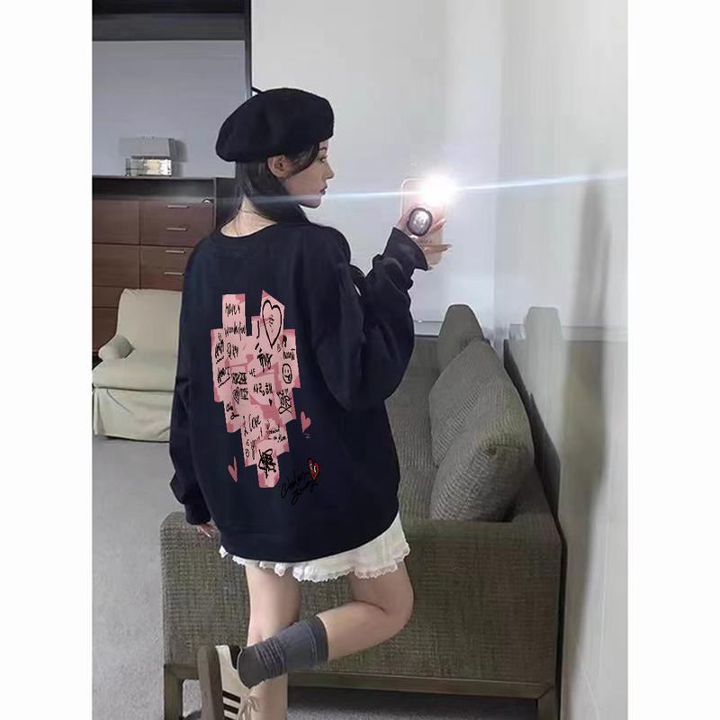 P000283 Hoodie wanita sweater hoodie leher bulat wanita / Catatan tempel berbentuk hati retro Amerika / sweater gaya kebesaran kasual modis  crewneck cewek aesthetic 6