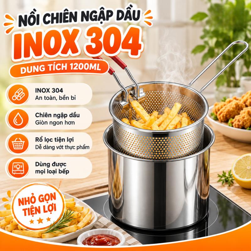 Nồi Chiên Ngập Dầu Inox 304 Có Lưới Lọc, Nồi Chiên Sâu 1200ml Dùng Cho Bếp Từ…