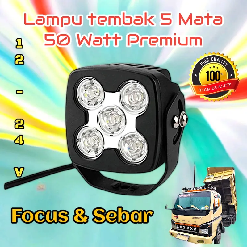 Lampu tembak 5 mata Dotrex 50 Watt. LED Grade AAA High Quality. Bisa dipakai 12 & 24 Volt Nyala Terang. Tahan Air dan Body besi kokoh tebal. Car 2
