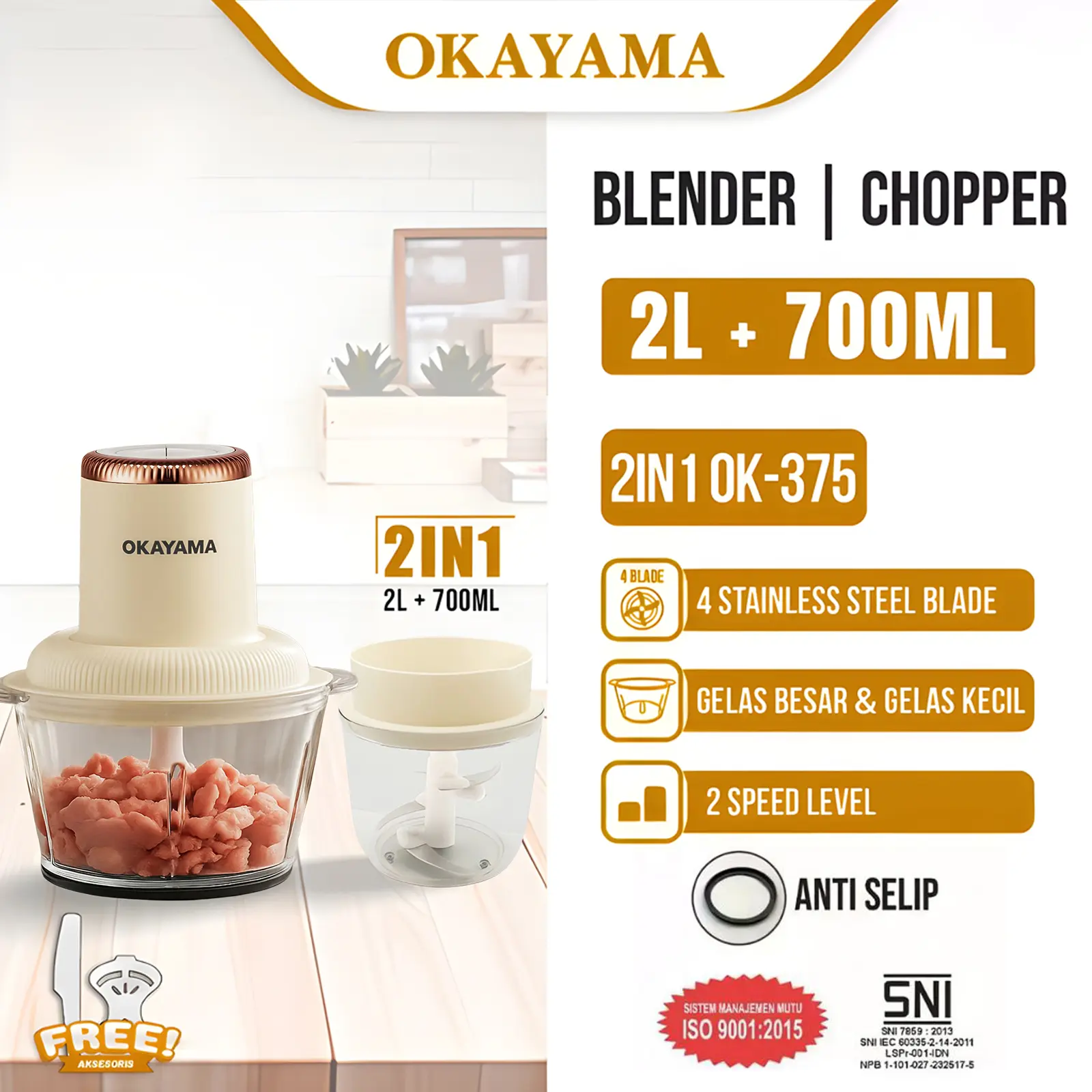 OKAYAMA OK-375 Food Chopper 2in1 Kaca 2L 700ML Food Processor 300W Multifungsi Penggiling Daging 2 Speed