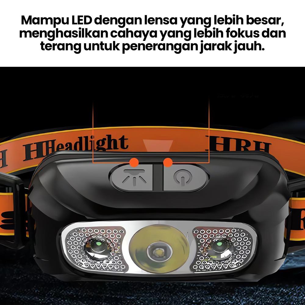 Senter ikat kepala isi ulang ultra terang dengan sensor cahaya intensitas tinggi, kecil dan portabel.