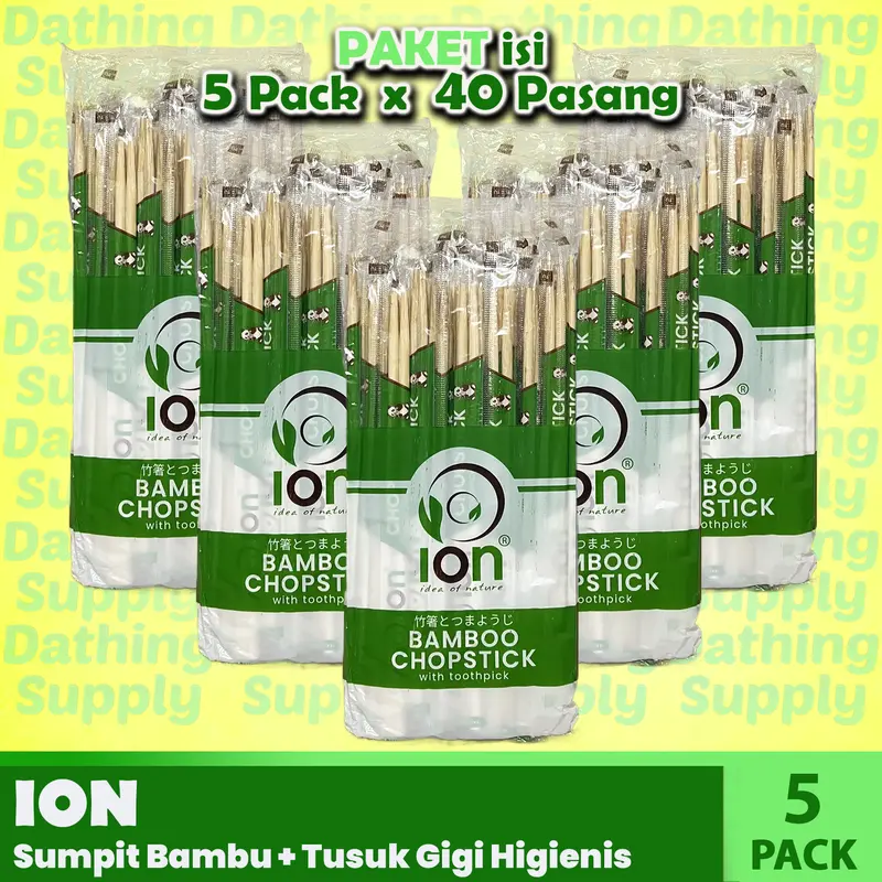 ( 5 PACK ) Sumpit Bambu / Sumpit Kayu Merk ION isi 200 pasang termasuk Tusuk Gigi Bungkus Plastik 0