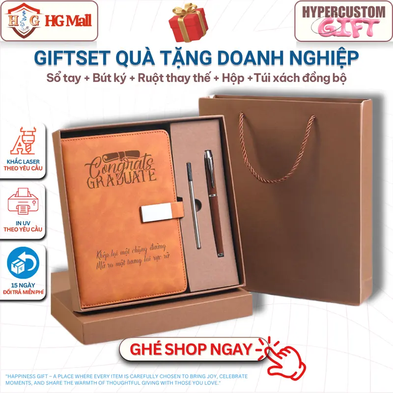 Set Quà Tặng Cao Cấp ( Sổ Tay A5, Bút Ký, Ruột Bút Thay Thế kèm hộp+túi ) cùng màu, Khắc Laser Tên/Logo Theo Yêu Cầu 0