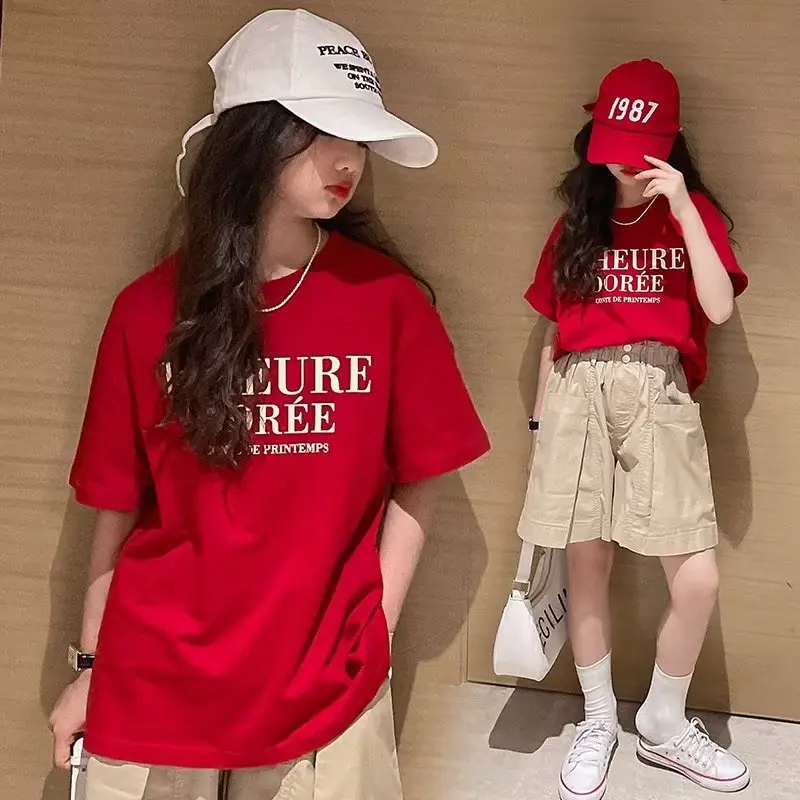 Áo Thun Ngắn Tay Cho Trẻ Em, Áo Cánh Mùa Hè Mới, Trung Và Lớn, Cho Bé Gái, Nửa Tay, In Màu Đỏ 2