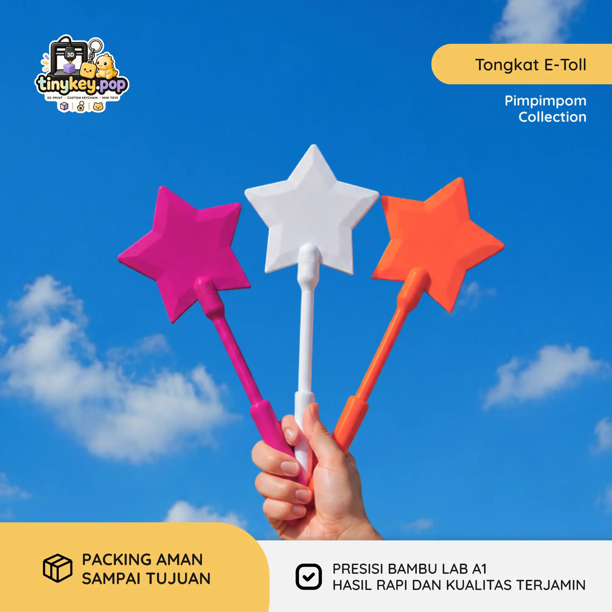 Pimpimpom Collection Tongkat E-Toll Bintang Design Polos 3D Print PayWands Kartu NFC Debit/E-money Presisi Bambu Lab A1 36 cm