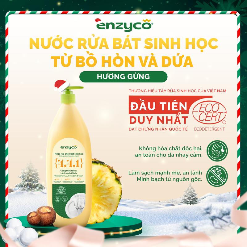 Nước rửa chén bát sinh học ENZYCO đạt Chứng nhận ECODETERGENT-ECOCERT từ Bồ Hòn và Dứa - Khử mùi tanh sạch dầu mỡ an toàn cho da nhạy cảm - Hương thơm từ Tinh Dầu Gừng Tinh dầu Cam Tự Nhiên 870ml