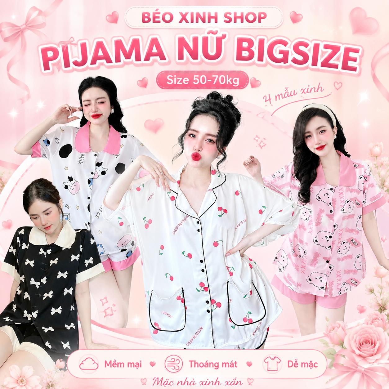 Set Đùi Pijama Nữ Bigsize 50-70kg Vải Lụa Nhật Lạnh, Đồ Bộ Mặc Nhà Quần Đùi Mềm Mát Dễ Thương Béo Xinh Shop – A.TH1S2