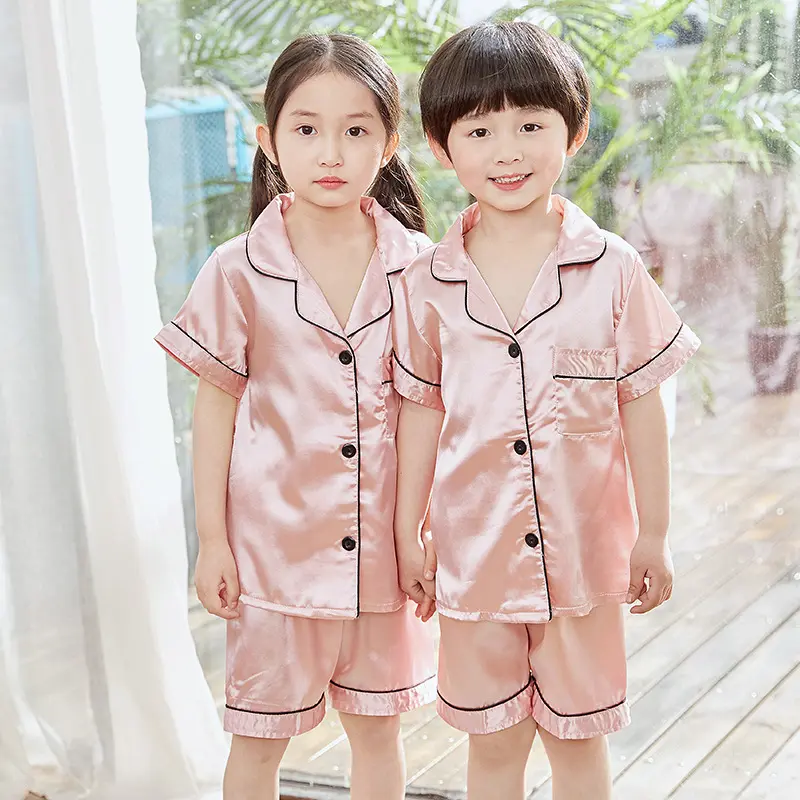 Kids Short Sleeve Silk satin Shorts sleepwear terno for boys and girls Pajama Sets For Kids 3-14 Years Old