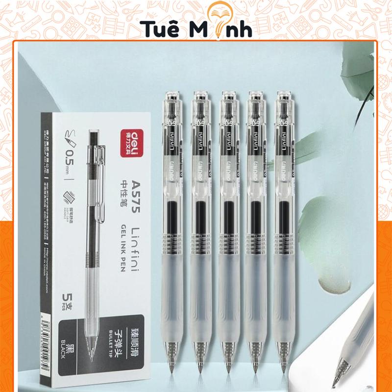 Bút gel Deli A575 mực đen, Bút bi bấm ngòi 0,5mm đệm tay cao su tốc kí, nhẹ tay