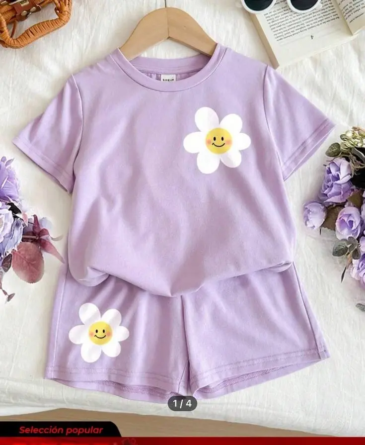 Stelan Kaos anak bunga/kaos anak perempuan katun lengan pendek setelan rok Motif Fashion