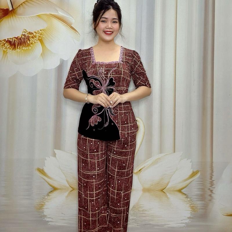 B4 Đồ bộ thun nữ trung niên thiết kế cổ vuông thêu lộng, tay lỡ quần ống suông thương hiệu Hải Sơn women