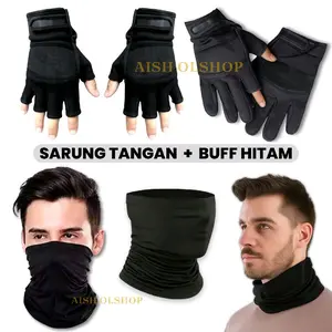 Paket Combo Hemat Sarung Tangan & Masker Buff Multifungsi Pria Dewasa Gloves Anti Panas Best Seller Sarung Tangan Hitam Buff Hitam
