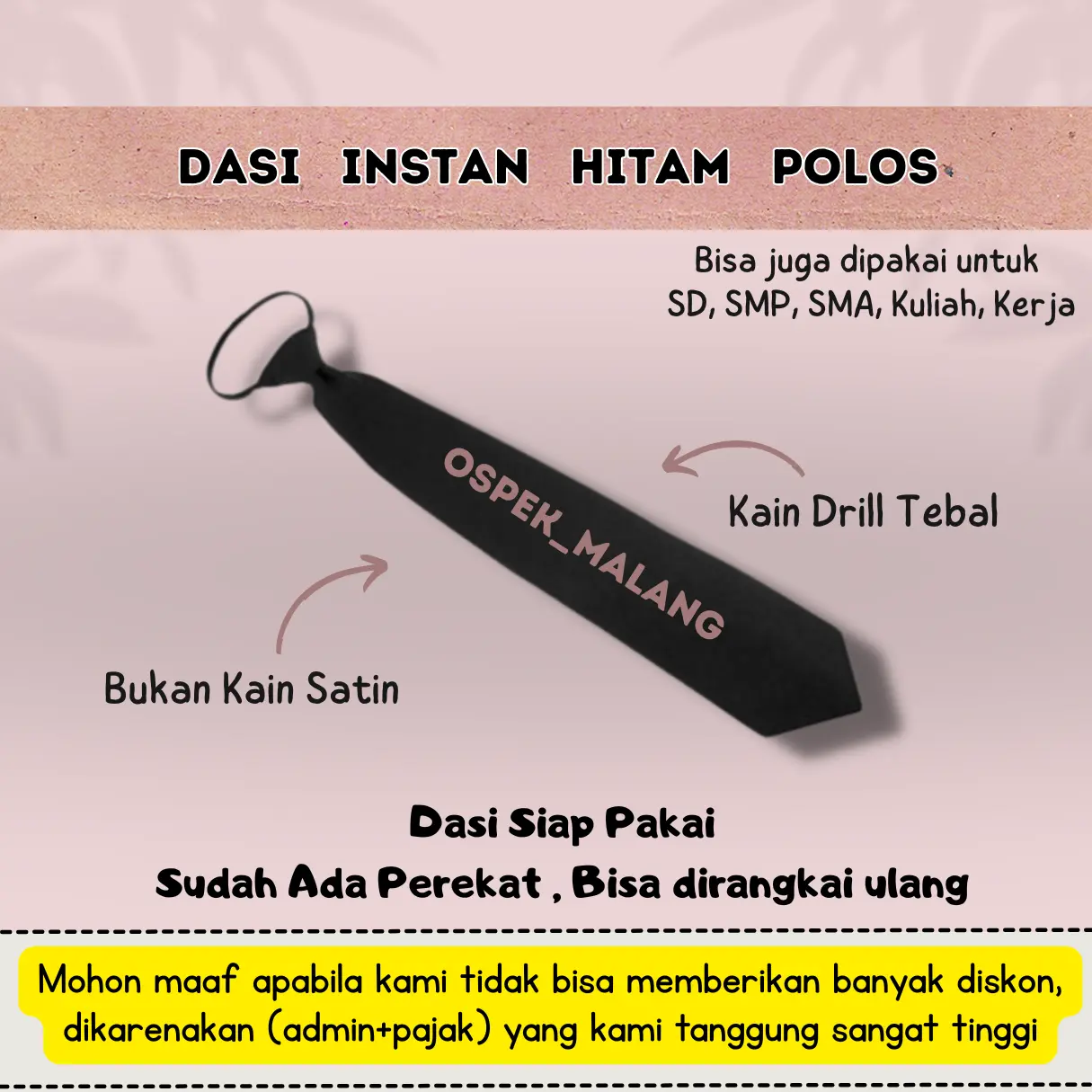 Dasi Hitam Polos Siap Pakai untuk Pria atau Wanita