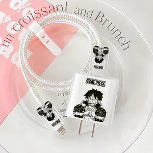 Casing Pelindung Case Charger Bergambar Karakter OP Lucu TPU Transparan Anti Gores & Jatuh Untuk Android iPhone Penggulung Kabel Putih Laser