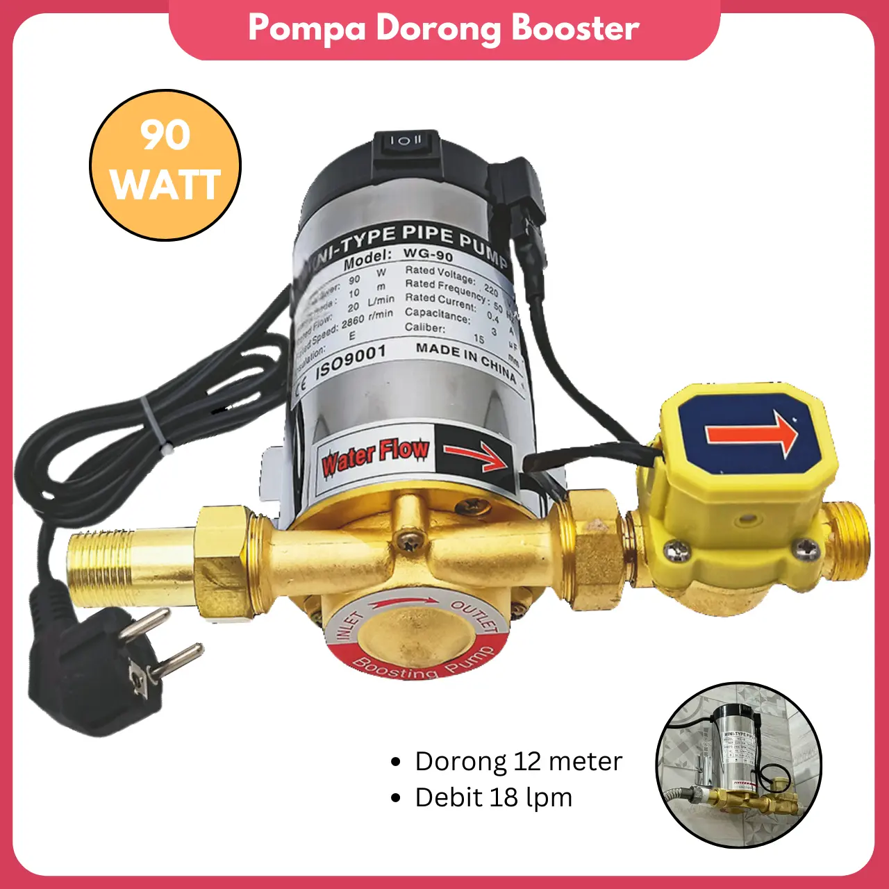 Pompa Pendorong Air Otomatis  Booster Pump 90W Pompa Dorong Wastafel Kamar Mandi Kran Mesin Cuci Penambah Tekanan Air Keran
