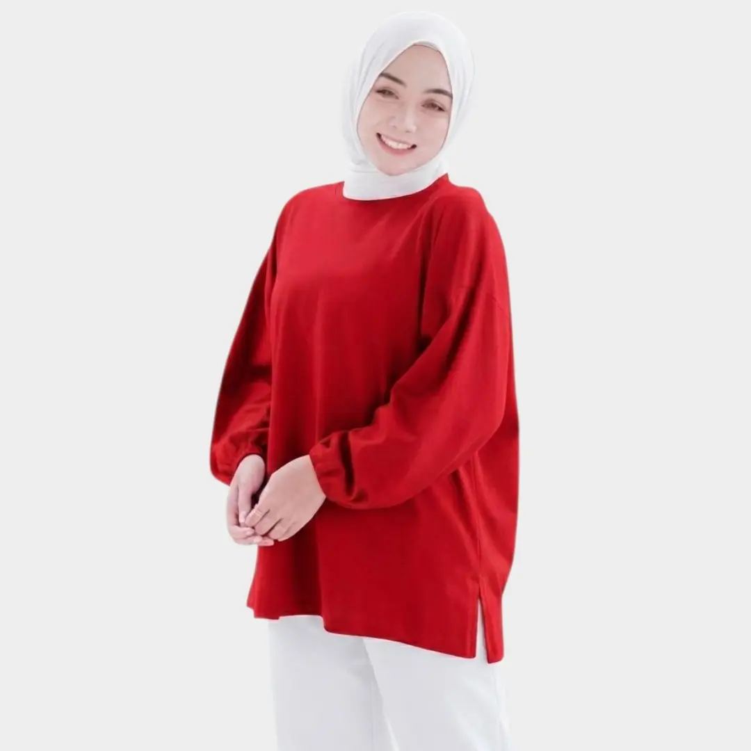 Kaos Oversize Lengan Panjang Ld130 Atasan Polos Wanita Hijab Muslimah Tshirt Jumbo Bahan Babytery Crew Neck Cod Tebal Baju Basic