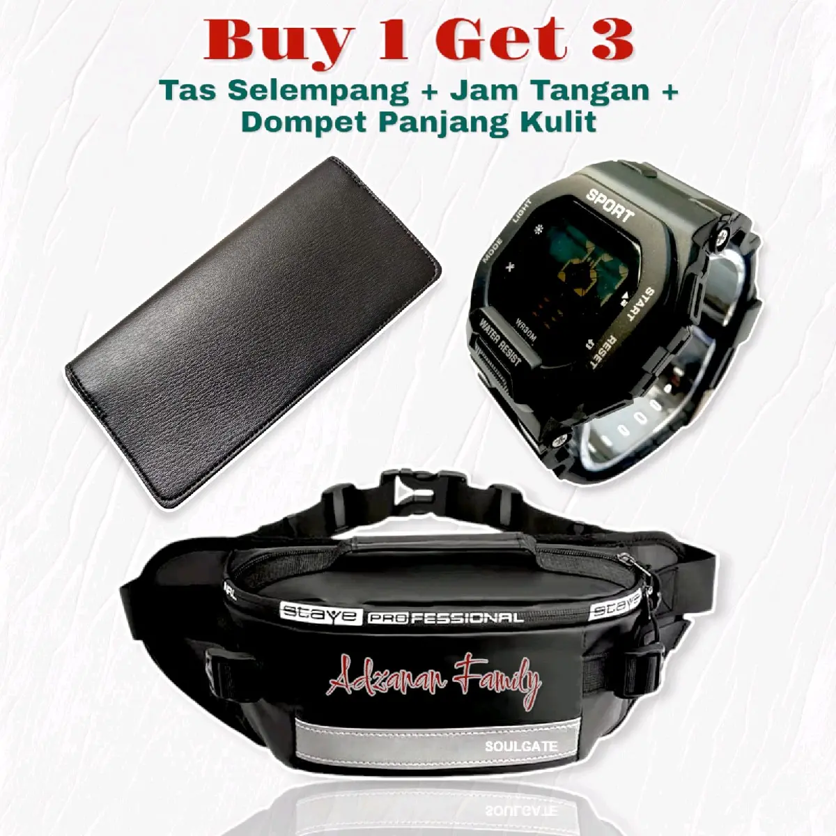 TAMPIL KEREN Tas Selempang Pria Distro Sling Bag + Jam Tangan Kasual + Dompet Panjang Pria Keren Dompet Multi Slot Kartu Tas Bahu Tas Pinggang Waistbag Termurah & Terbaru Kekinian Terlaris Gaya Anak Muda Slingbag Cowok Hitam