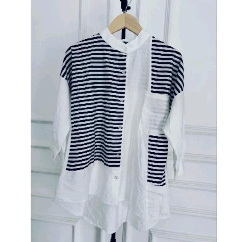 Product Introduction of kemeja linen premium wanita terbaru atasan wanita terbaru  wanita import Kain Salur Kemeja garis garis atasan wanita dewasa tunik salur 4
