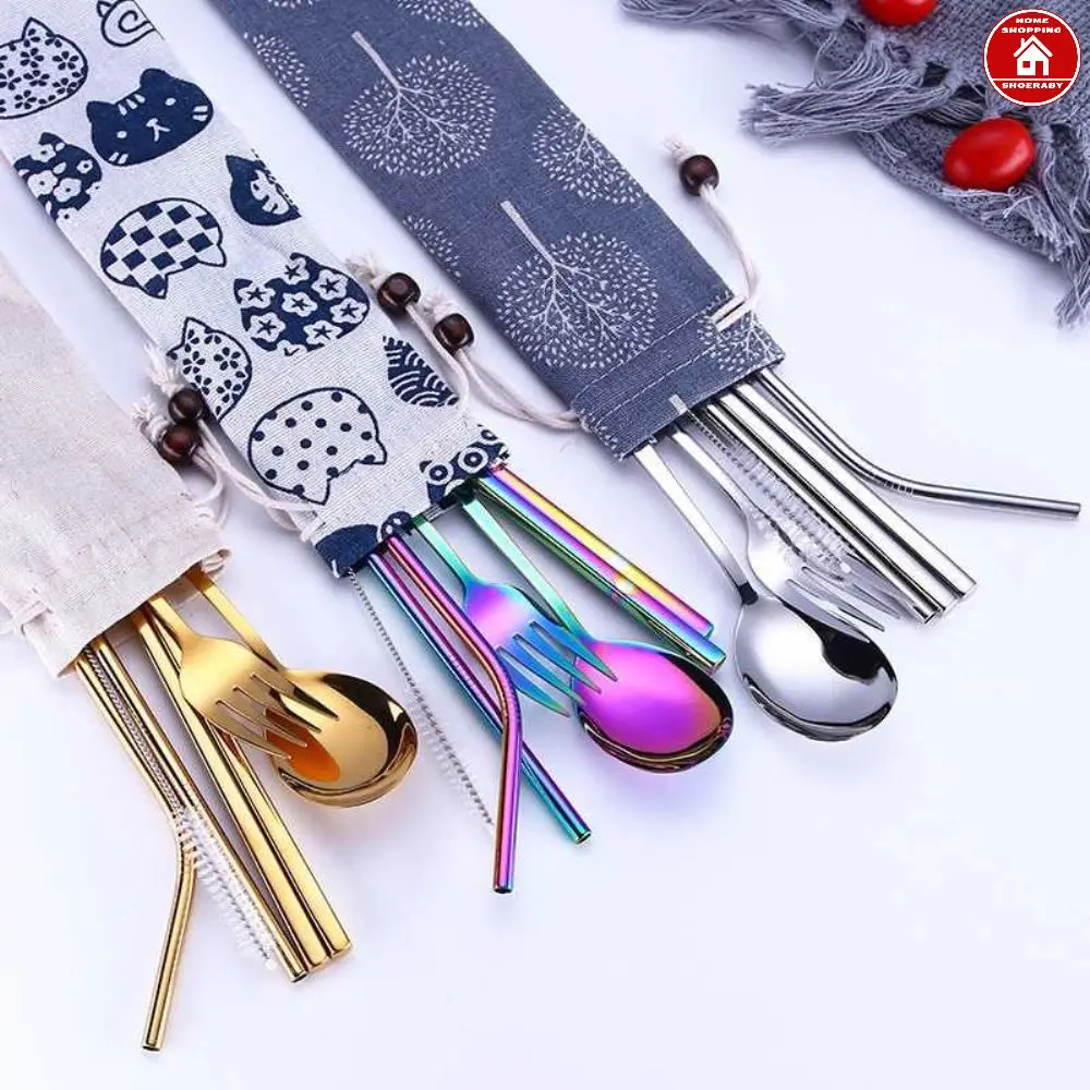 Set Alat Makan Sendok Garpu Sedotan Sumpit Stainless dengan Kantong 6Pcs TaffHOME - T10 Cutlery Unik Estetik Outdoor