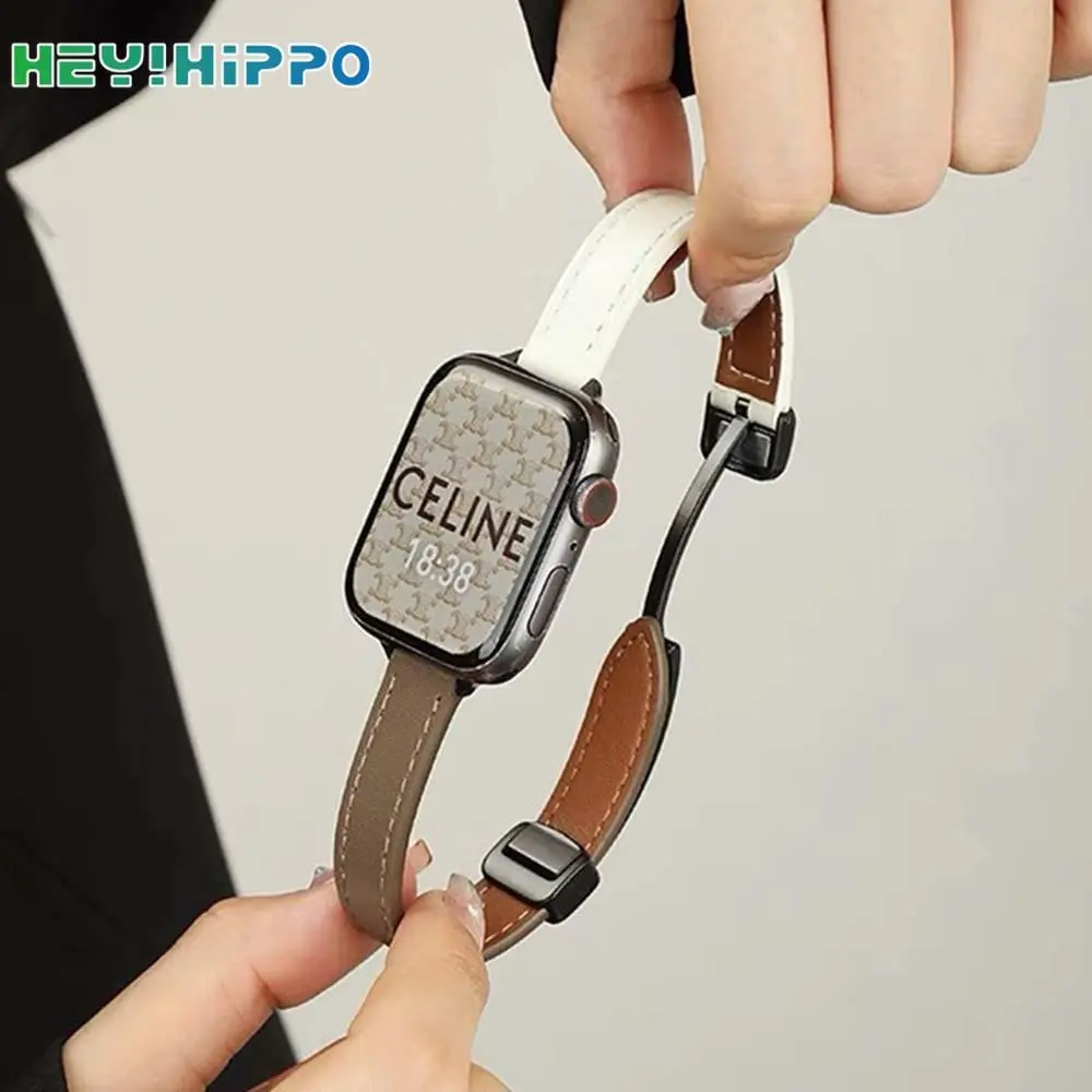 Small waist magnetic buckle strap suitable for apple watch series 9/8/7/6/SE/5/4 leather strap suitable for iwatch 49/45/44/42/41/40/38mm