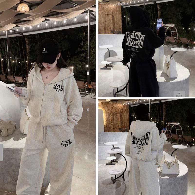Set thể thao nữ Hàn Quốc khóa mũ thêu xù nổi phom năng động gọn dáng nỉ 2 da dày dặn giữ ấm mũ khóa dễ mặc tiện dụng chữ thêu nổi sắc nét lên ảnh sáng và trẻ trung - By BN TRENDY