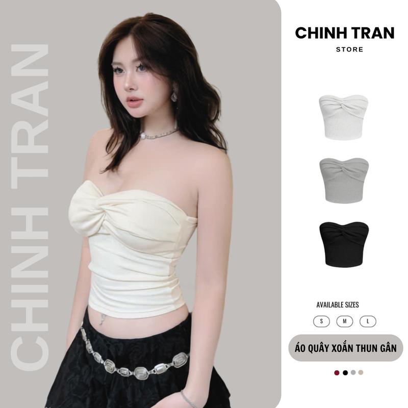  Áo Quây Croptop Nữ Xoắn Kiểu Ôm Body Không Mút Chất Thun Gân 