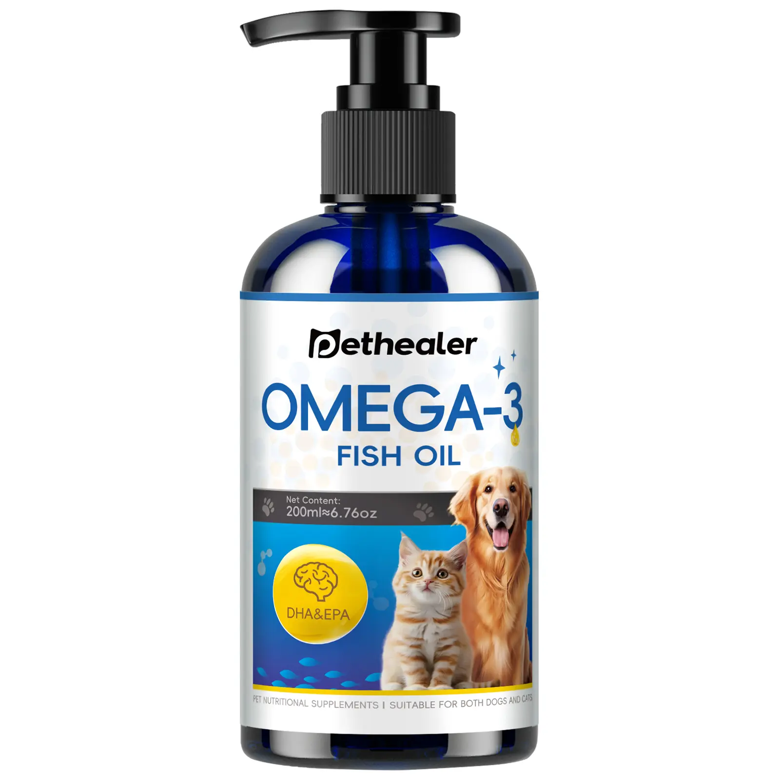 Omega 3 fish oil - contains EPA and DHA, benefits eye health, supports bone and joint health, and is suitable for cats and dogs
