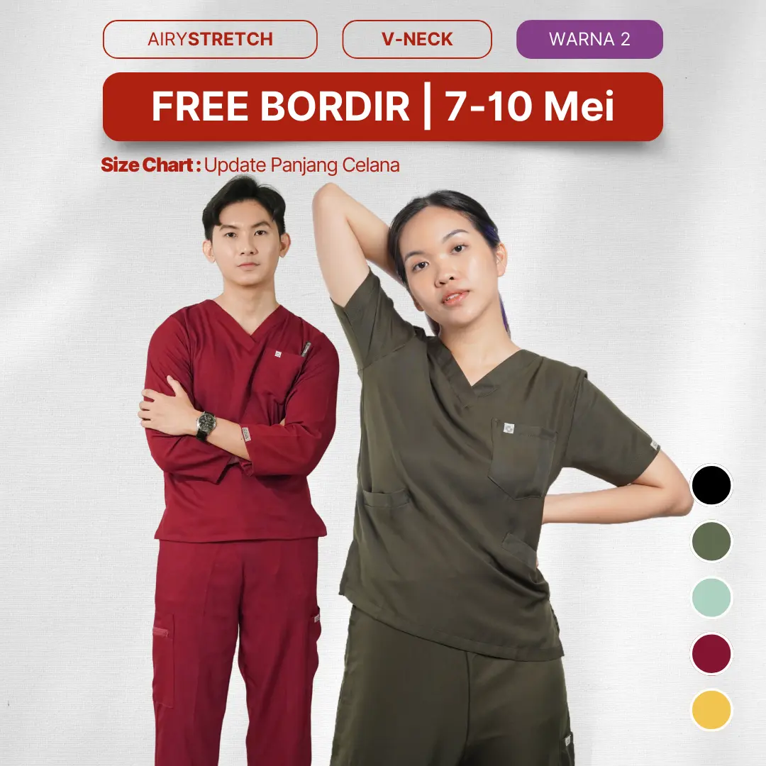 Airy Stretch - Baju V-Neck - Home Of Stasis Warna 2 - Medical Scrub Doctor’s Baju Celana Jaga Karet Panjang 7/8 pendek V Neck Joger Karet Cargo OKA OK Perawat/Dokter Nakes Polydex, seragam pria wanita Set Terpisah Free Bordir Safety