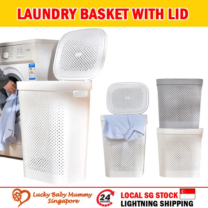 Laundry Basket with Lid Large Capacity Plastic Storage Laundry Hamper Clothes With handle Organiser Hollow Cover