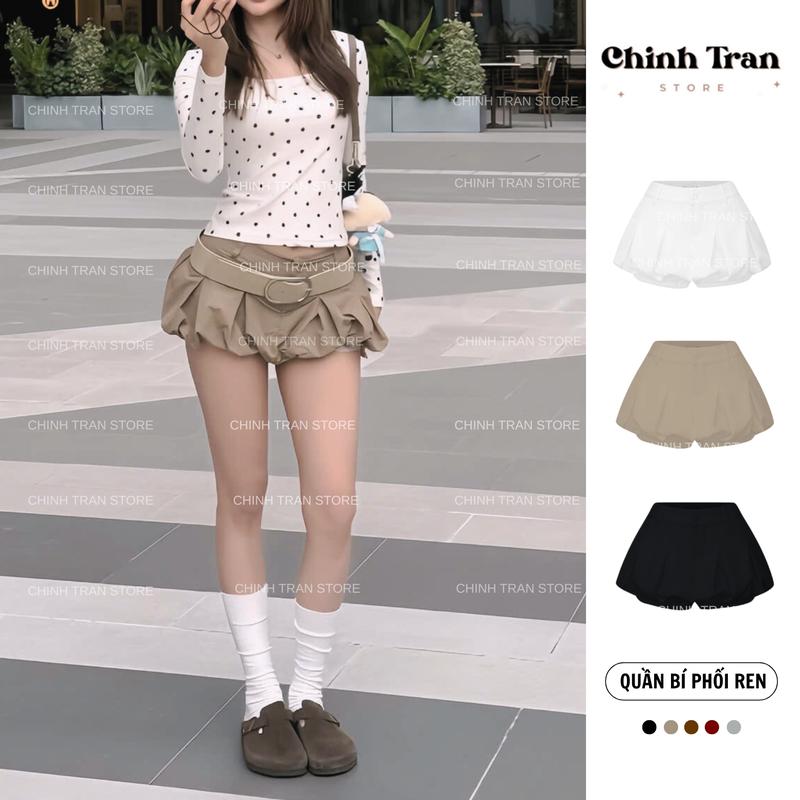 Quần Short Bí Phồng Cạp Trễ Y2K Phối Ren Viền Quần Đùi Nữ