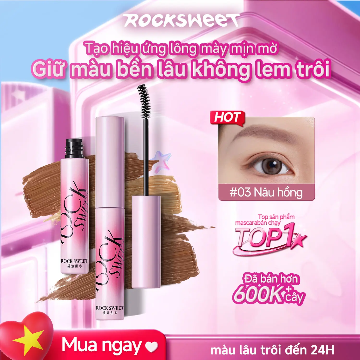 ROCKSWEET Mascara lông mày RS, chất nhung lì giúp tạo ra dáng lông mày tự nhiên với lớp gel bền màu suốt cả ngày. Không trôi không lem, kháng nước và mồ hôi. Dễ dùng cho newbie, bảng màu gồm 4 tông màu trendy.