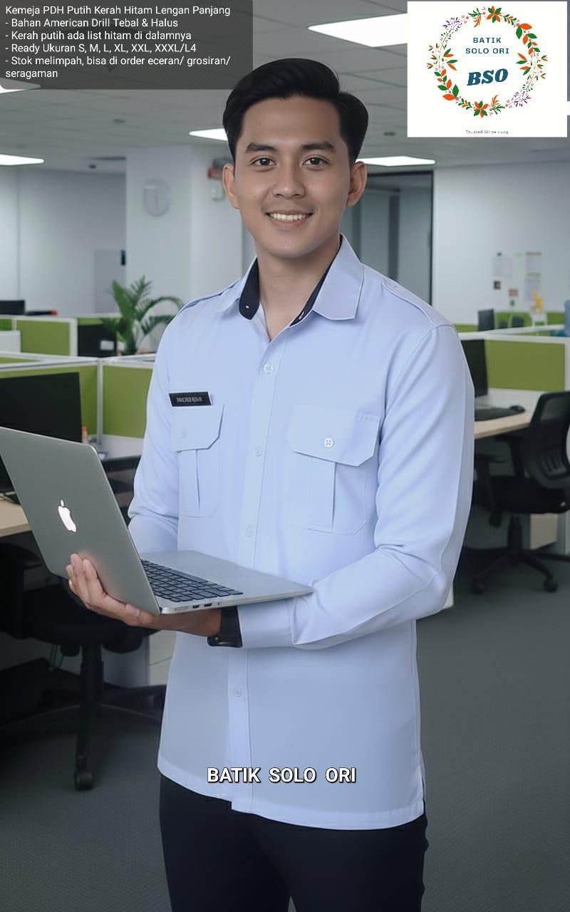 BATIK SOLO ORI Seragam PNS Kemeja PDH Pria Putih Kerah Hitam Bahan Drill Premium Nyaman Dipakai Sehari-hari Seragam PDH Putih Kerah Hitam Seragam PNS ASN PPPK Terbaru. Kemeja PDH Putih kerah hitam lengan panjang
