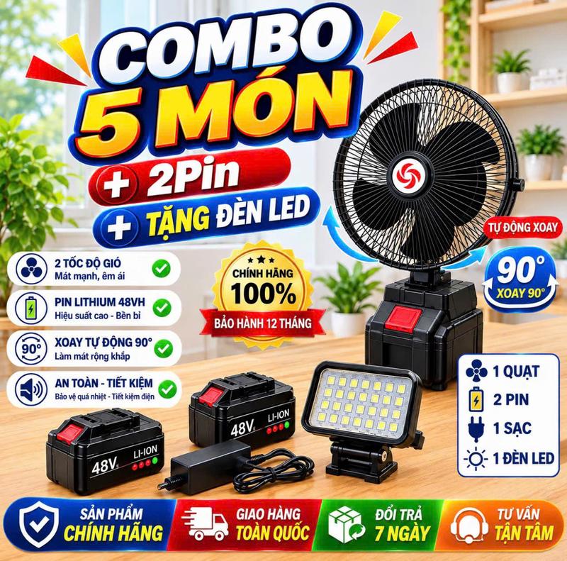 [ Combo 5 món tiện ích ] Quạt pin xoay đa năng 2 tốc độ  + 2 Pin 10 cell dung lượng cao luân phiên tiện lợi + Kèm bộ đèn 35 bóng + Và 1 bộ sạc phổ thông - Một bộ đáp ứng nhiều nhu cầu tiện ích cho gia đình