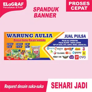 Elagraf Spanduk Banner Toko Sembako Madura Jual Pulsa Tarik Tunai Flexy 280gsm Cetak Tajam Tahan Lama Finishing Mata Ayam Harga Terjangkau Desain Menarik