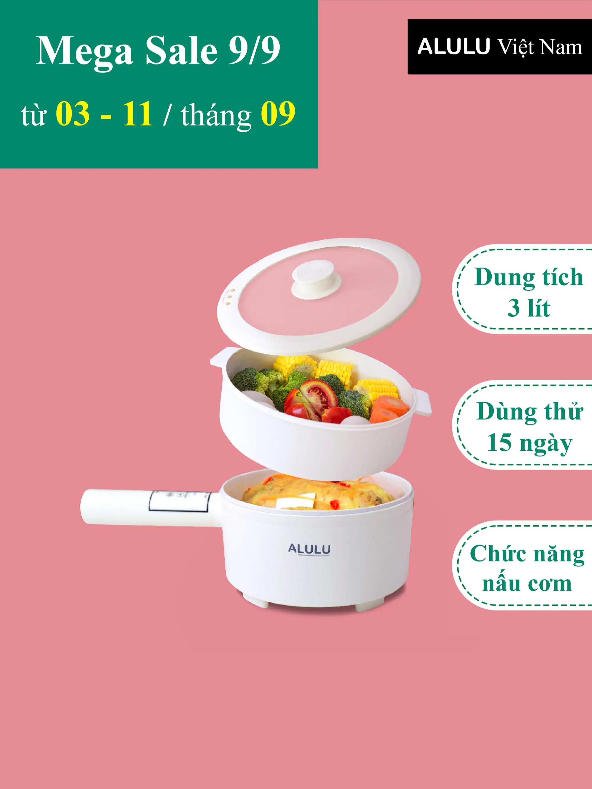 Nồi điện đa năng ALULU, Dung tích 2L - 3L ( kèm xửng hấp ), Bảo hành 12 tháng