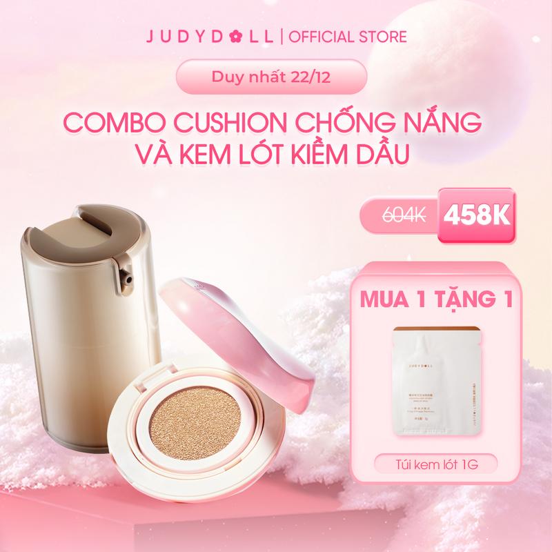   NEW  Combo Judydoll Kem Lót Mattifying Makeup Base cho da dầu và Cushion chống nắng SPF50+ Fresh Matte Cushion 